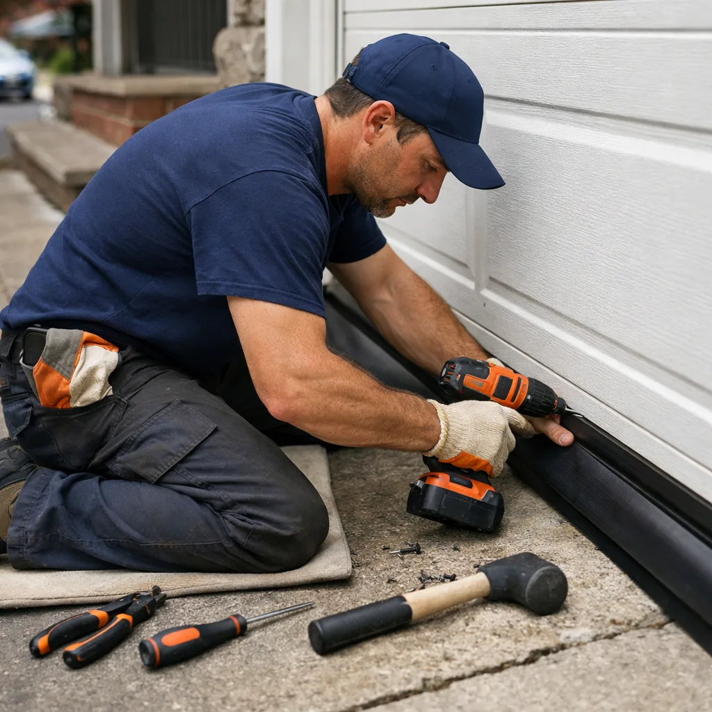A technician in plain workwear fitting a new rubber bottom seal along the base of a garage door, kneeling on a sloped concrete driveway apron