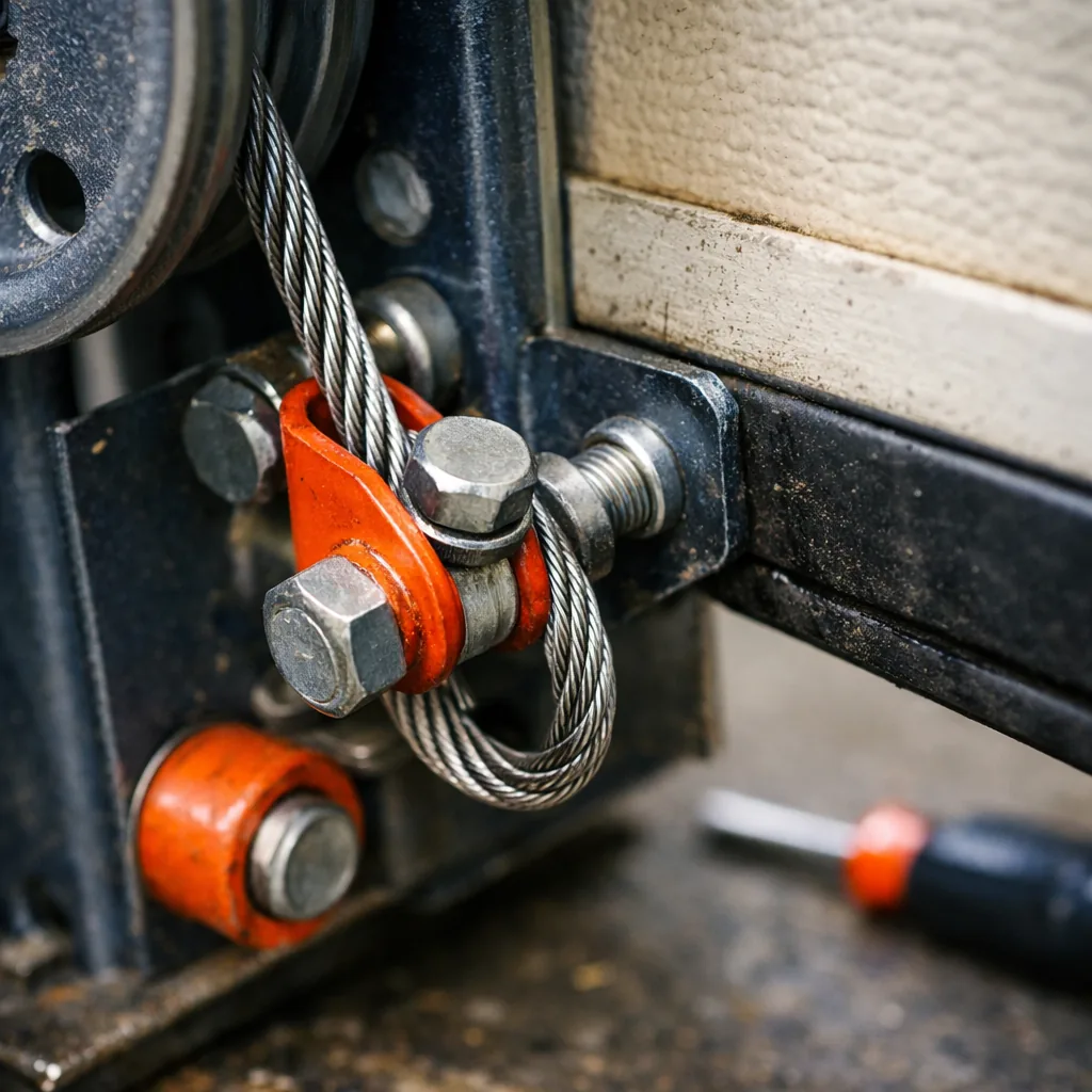 A close-up of a new steel lift cable attached to a bottom bracket on a garage door