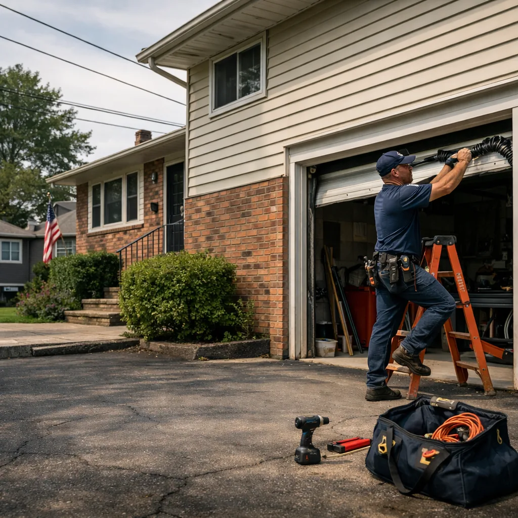 A technician in plain workwear repairing a garage door on a suburban split-level house in New Jersey, with the driveway in front