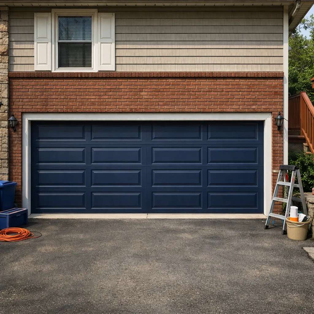 A repaired double garage door on a split-level house, closed and level, with the driveway in front