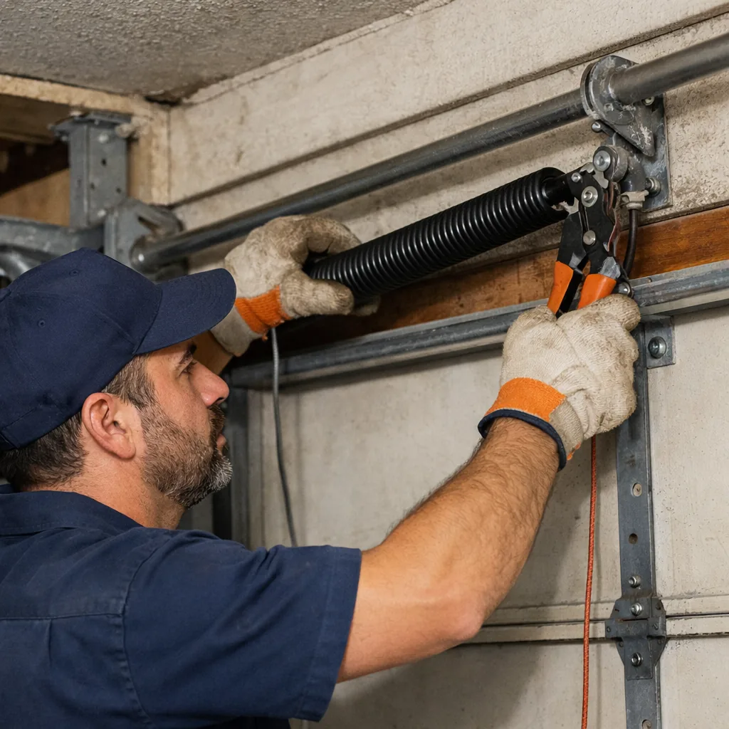 A technician fitting a new extension spring along the horizontal track of a residential garage door