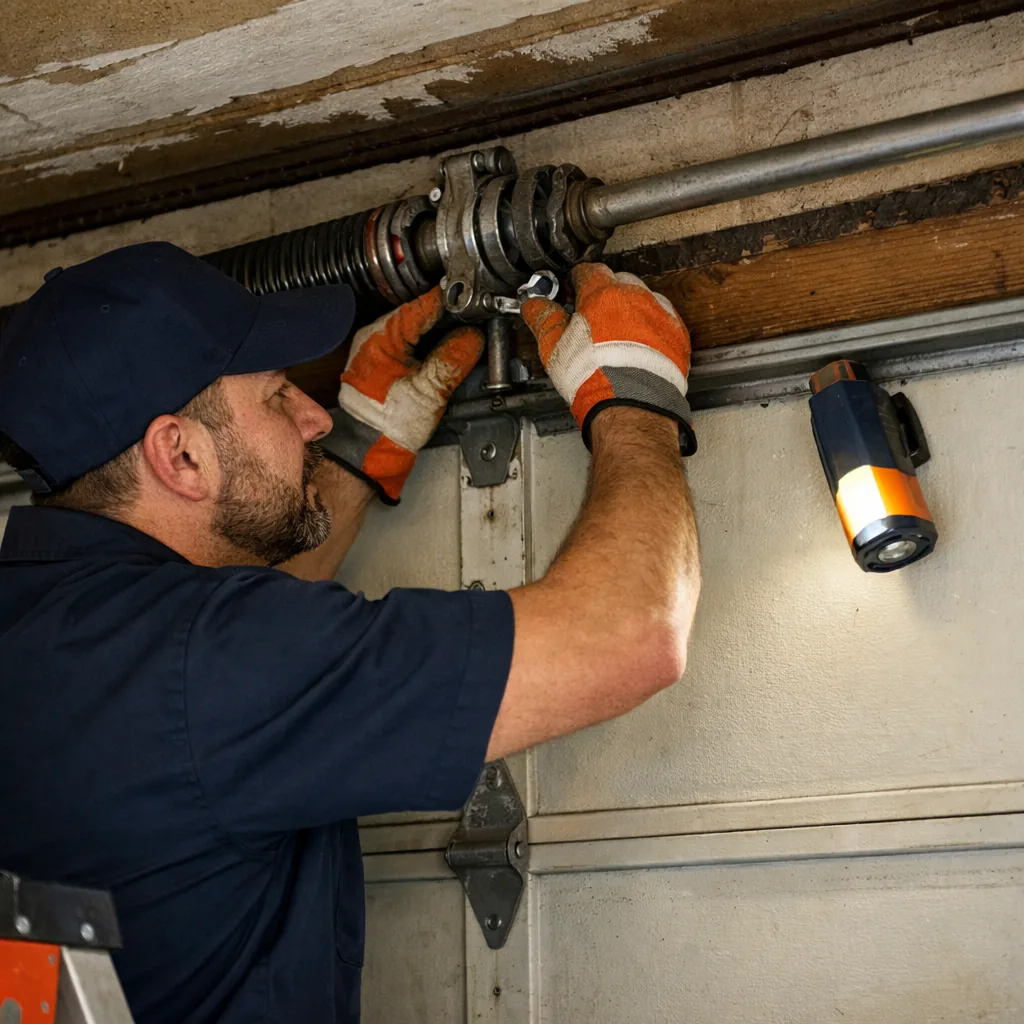 A technician in plain workwear inspecting the torsion spring and center bearing above a closed residential garage door in bright daylight