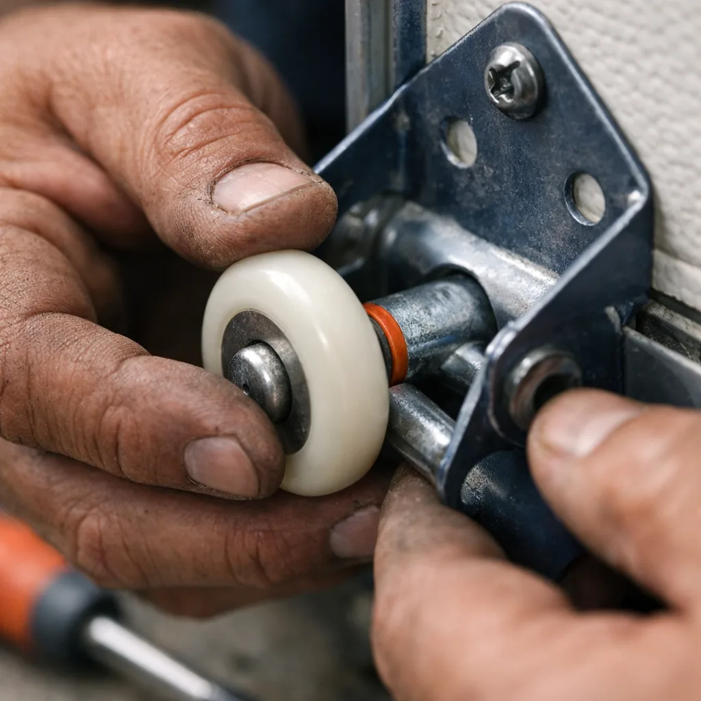 A close-up of a technician's hands fitting a roller into a hinge on a garage door section