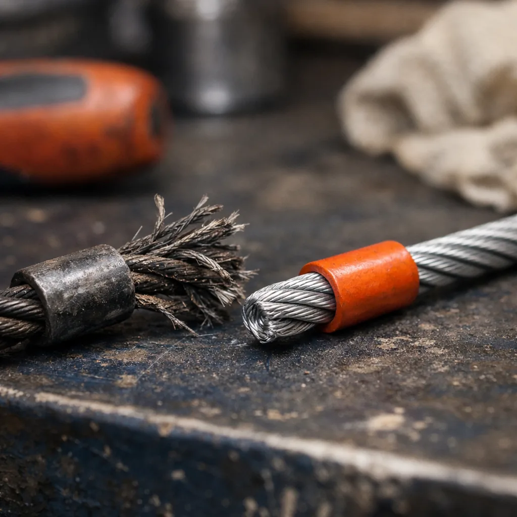 A close-up of a frayed lift cable beside a new cable on a workbench