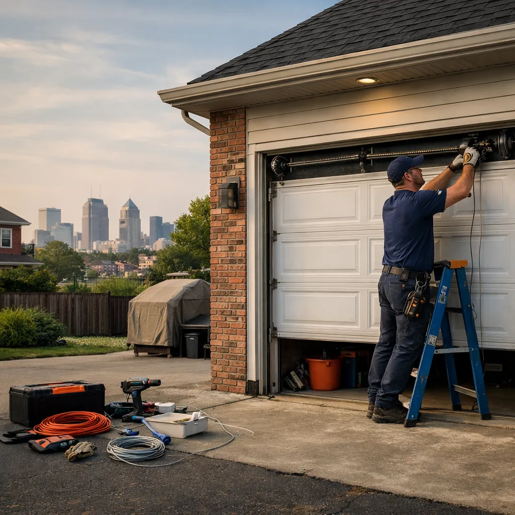 A technician in plain workwear checking the cables and drum on a two-car garage door at a suburban house with a wide driveway