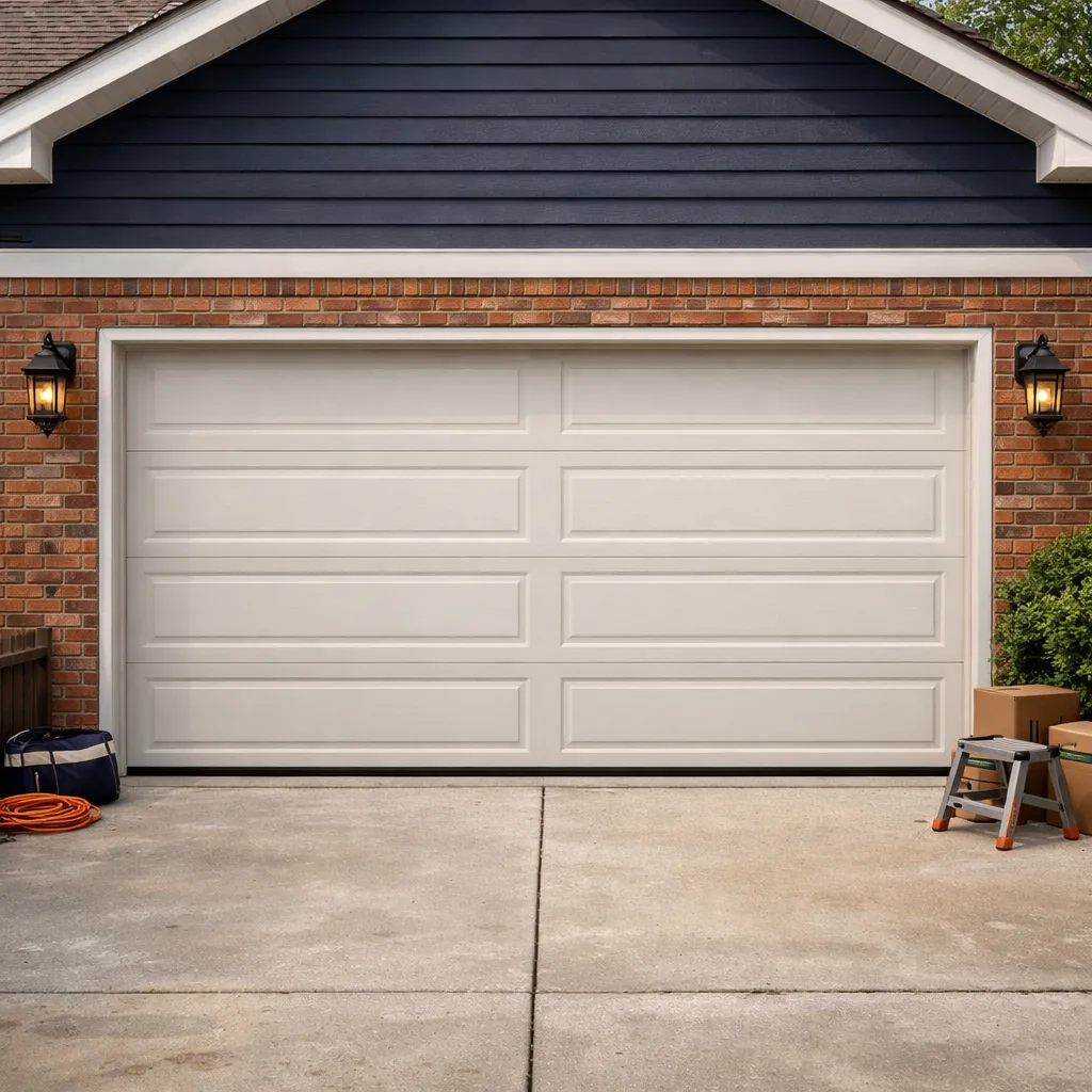 A two-car garage door closed and level on a suburban house with the driveway in front