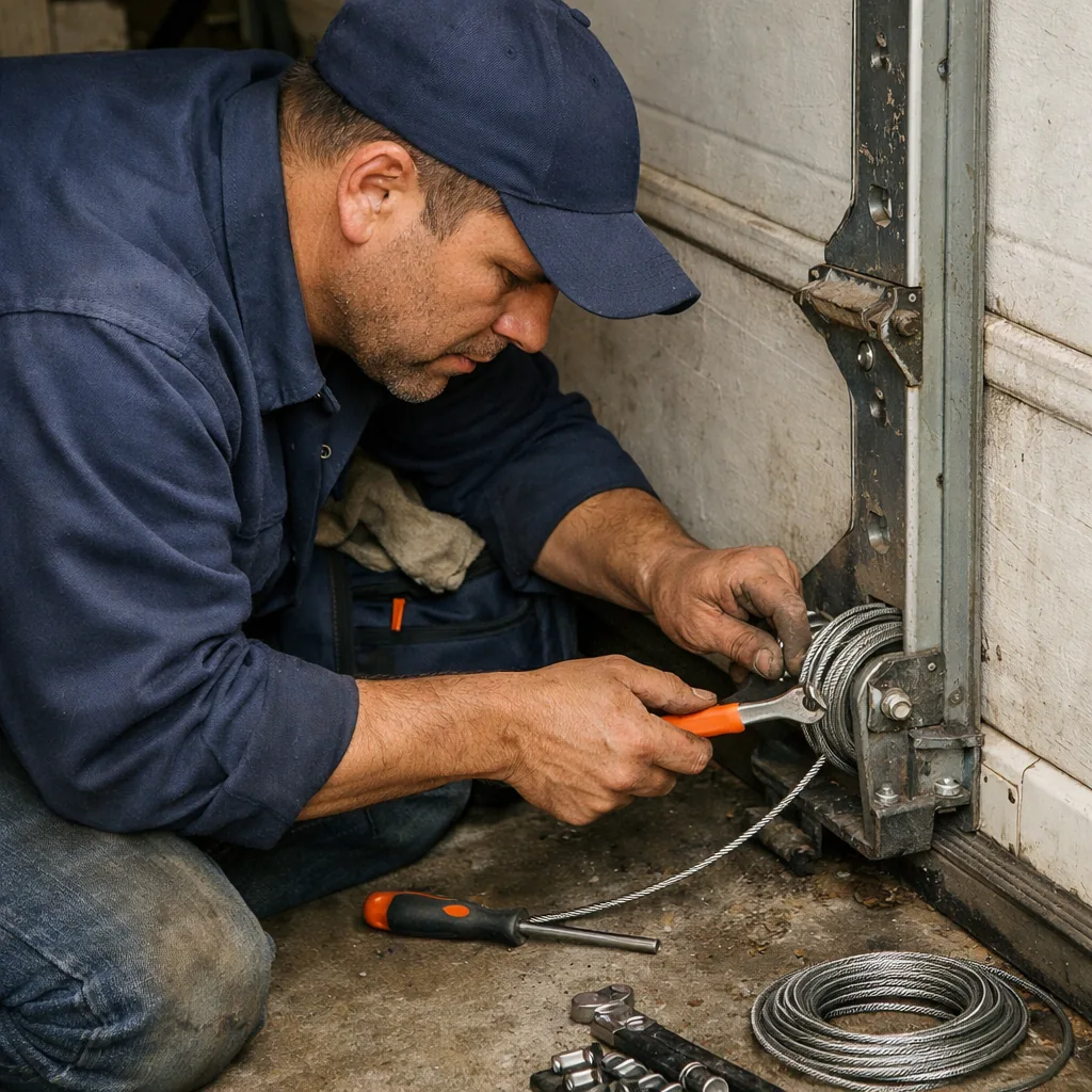 A technician in plain workwear adjusting the tension on a lift cable at the bottom bracket of a wide two-car garage door