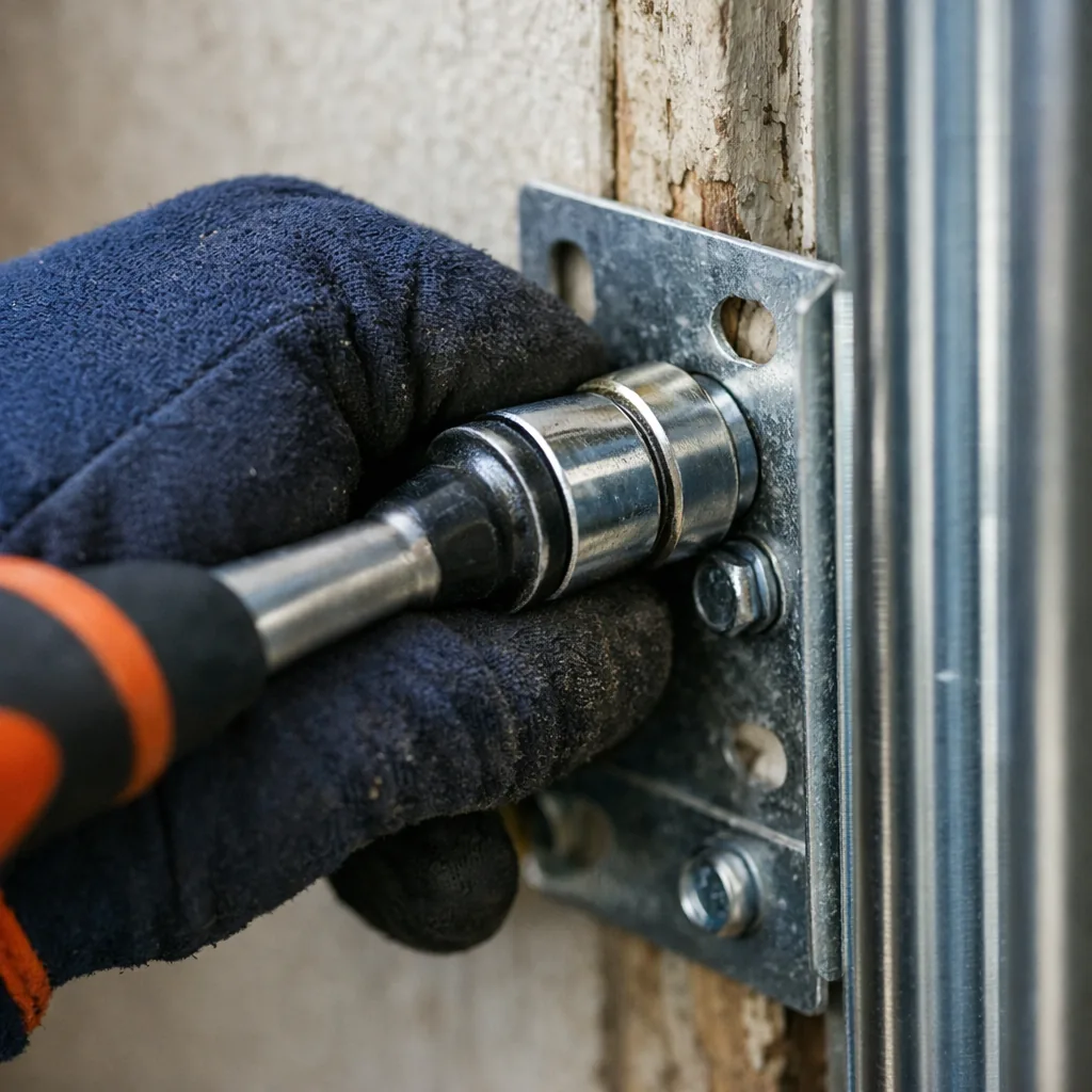 Close-up of a gloved hand fastening the mounting bracket of a vertical garage door track to the garage wall with a socket wrench
