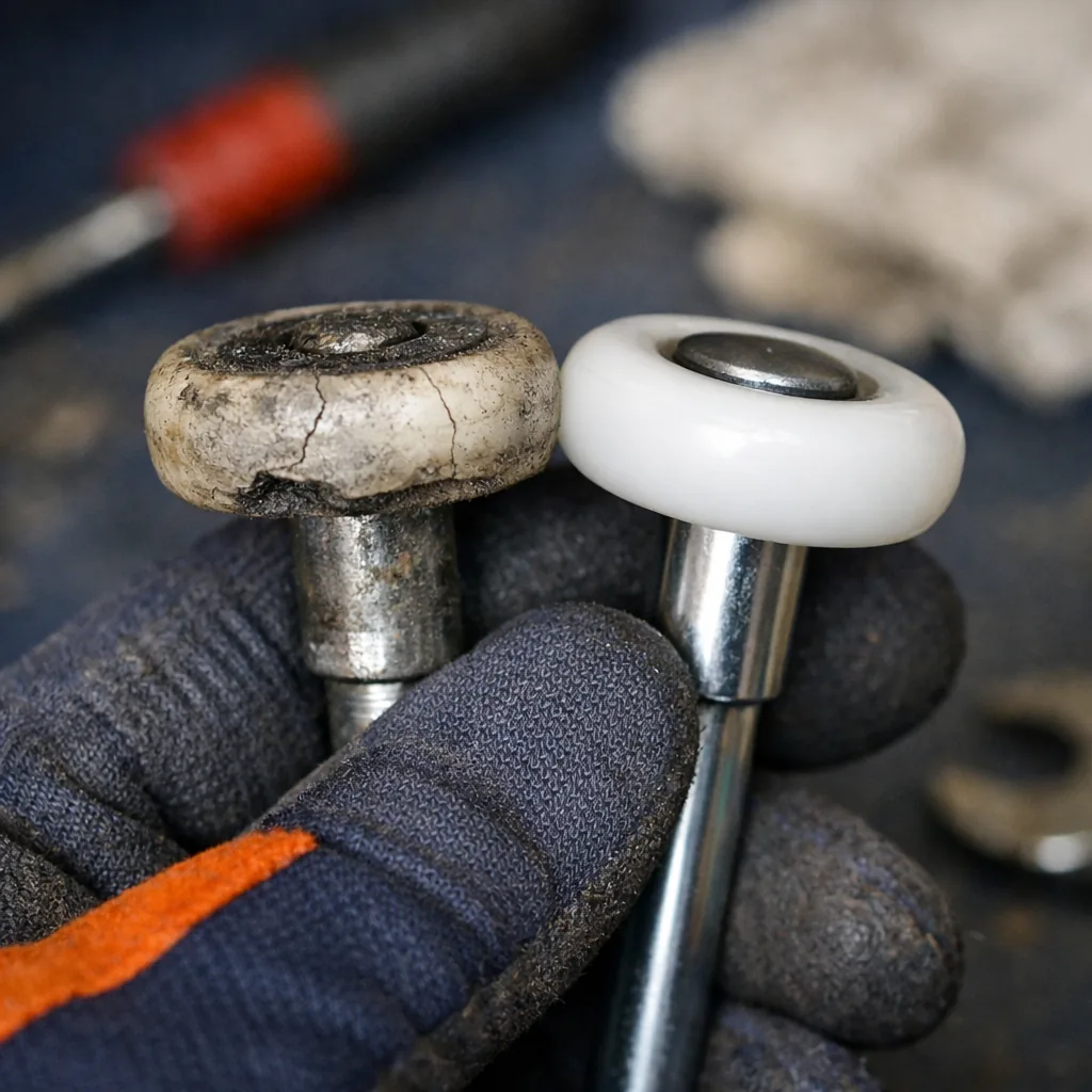 Close-up of a worn garage door roller with a flat spot beside a new nylon roller with a smooth stem, held in a gloved hand