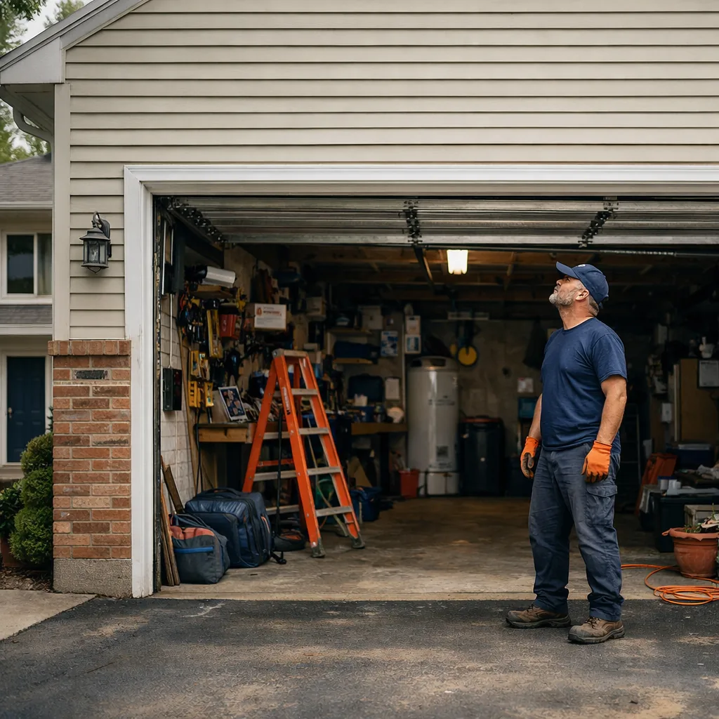 A suburban home with an attached garage and a technician in plain workwear standing in the open doorway of the garage, looking up at the tracks and springs