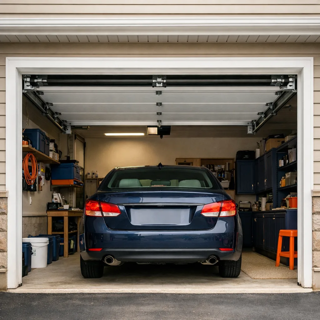 A garage door fully raised and level above a suburban garage with a parked car, tracks and springs tidy
