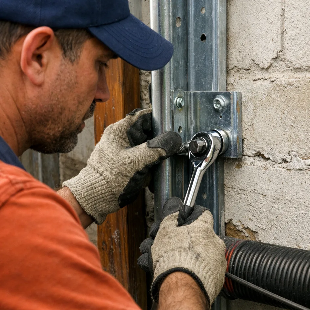 A technician in plain workwear tightening a track bracket bolt on the vertical track of a garage door with a ratchet, close view of bracket and wall