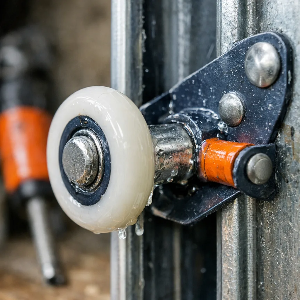 Close-up of a new roller and hinge fitted in a vertical garage door track, with fresh lubricant visible