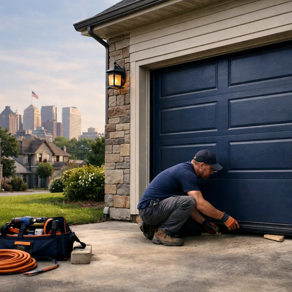 Wide exterior shot of a technician in plain workwear crouching to check the bottom seal and roller of a garage door on a tidy suburban home with a trimmed lawn