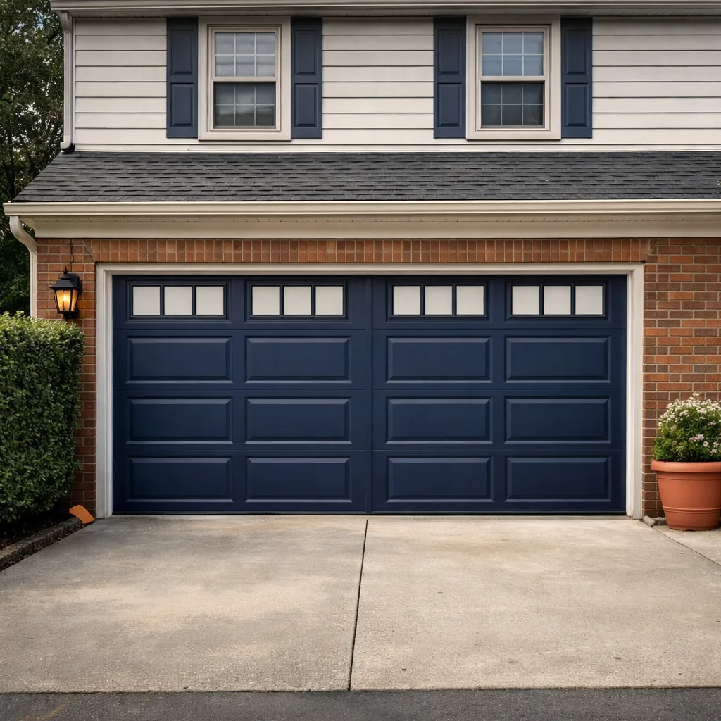 A repaired two-car garage door, closed and level, on a suburban colonial house with a trimmed hedge, no signage