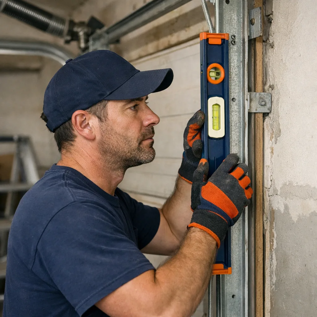 A technician in plain workwear checking the vertical alignment of a garage door track with a level