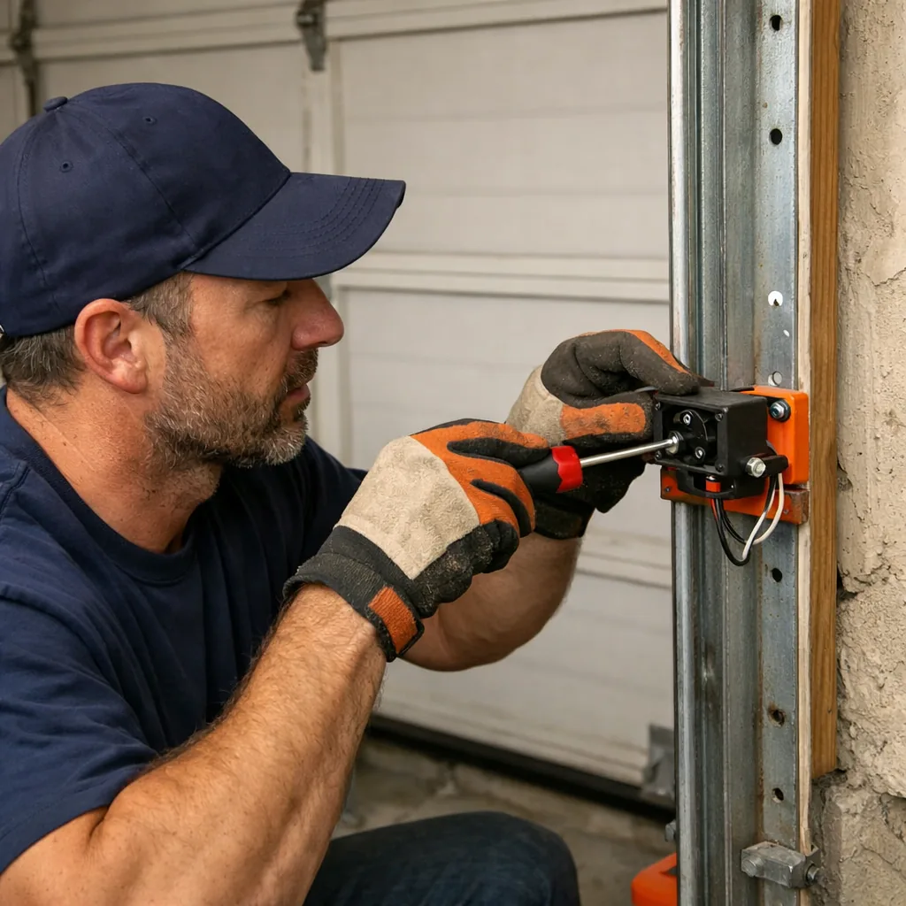 A technician in plain workwear adjusting a garage door sensor bracket beside the door track, with a closed two-car garage door in the background