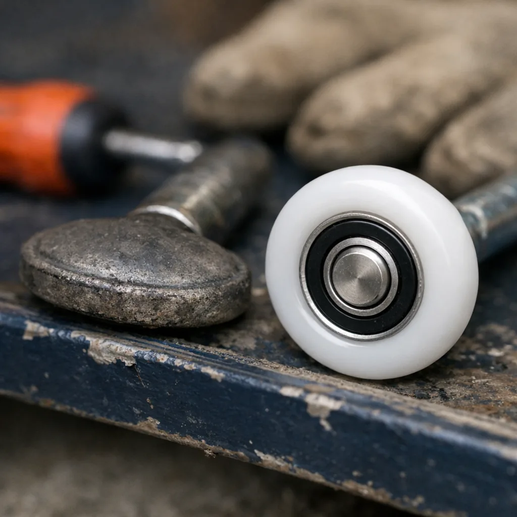 Close-up comparison of a flattened, worn roller beside a new nylon roller with a sealed bearing