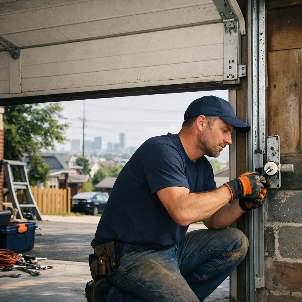 A technician in plain workwear fitting a new nylon roller into a hinge on a sectional garage door that is raised partway
