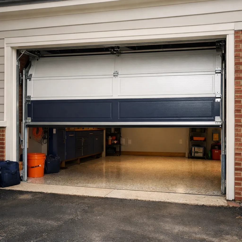 A residential sectional garage door partly raised, travelling smoothly along a straight, clean track
