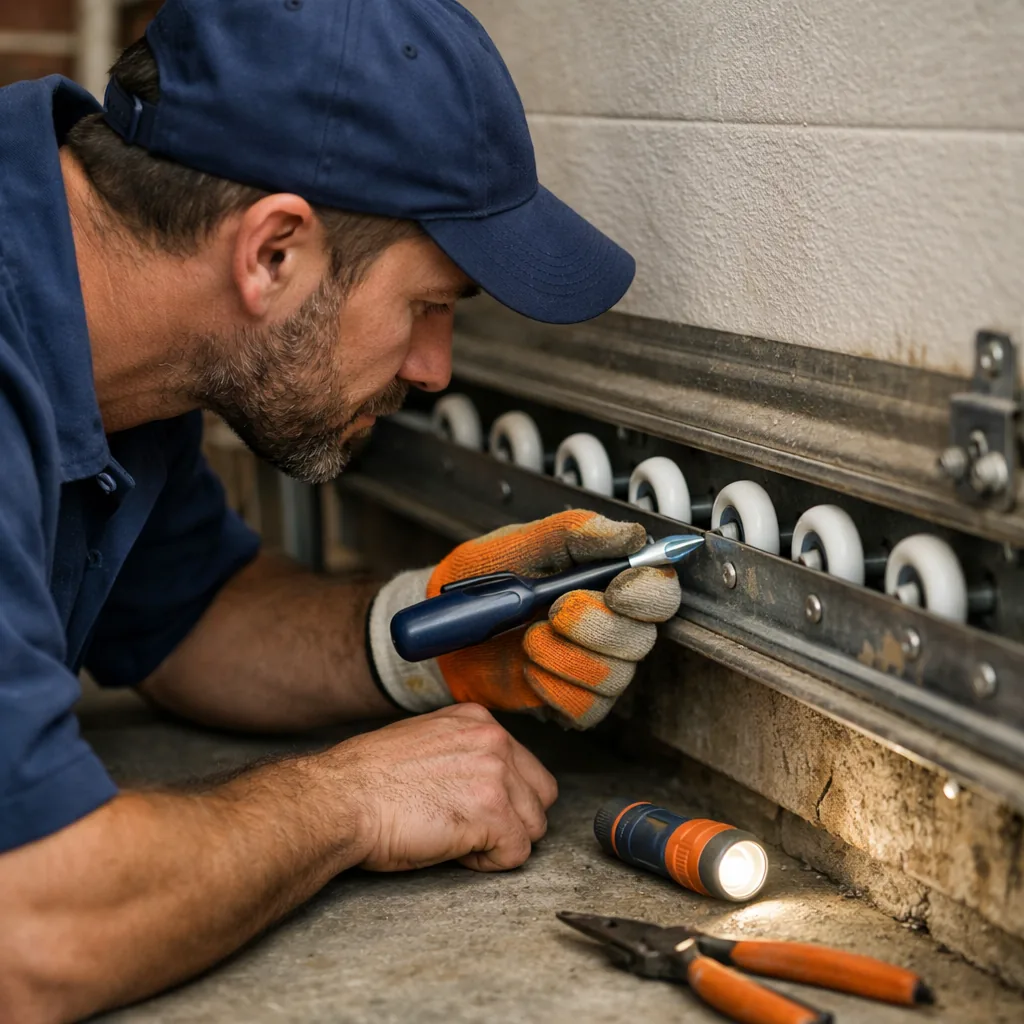 A technician checking a row of new rollers seated evenly inside a steel garage door track