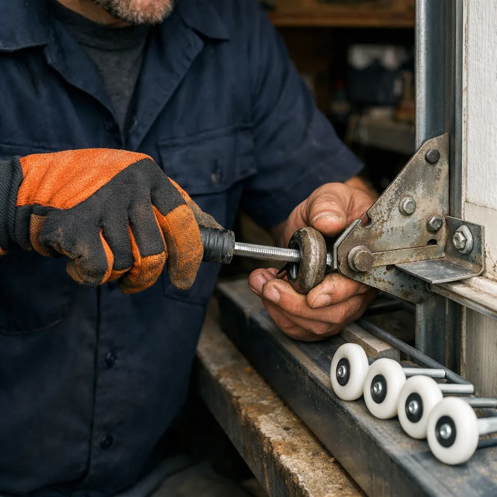 A technician removing a worn steel roller from a garage door hinge, with new nylon rollers laid ready on the track beside him