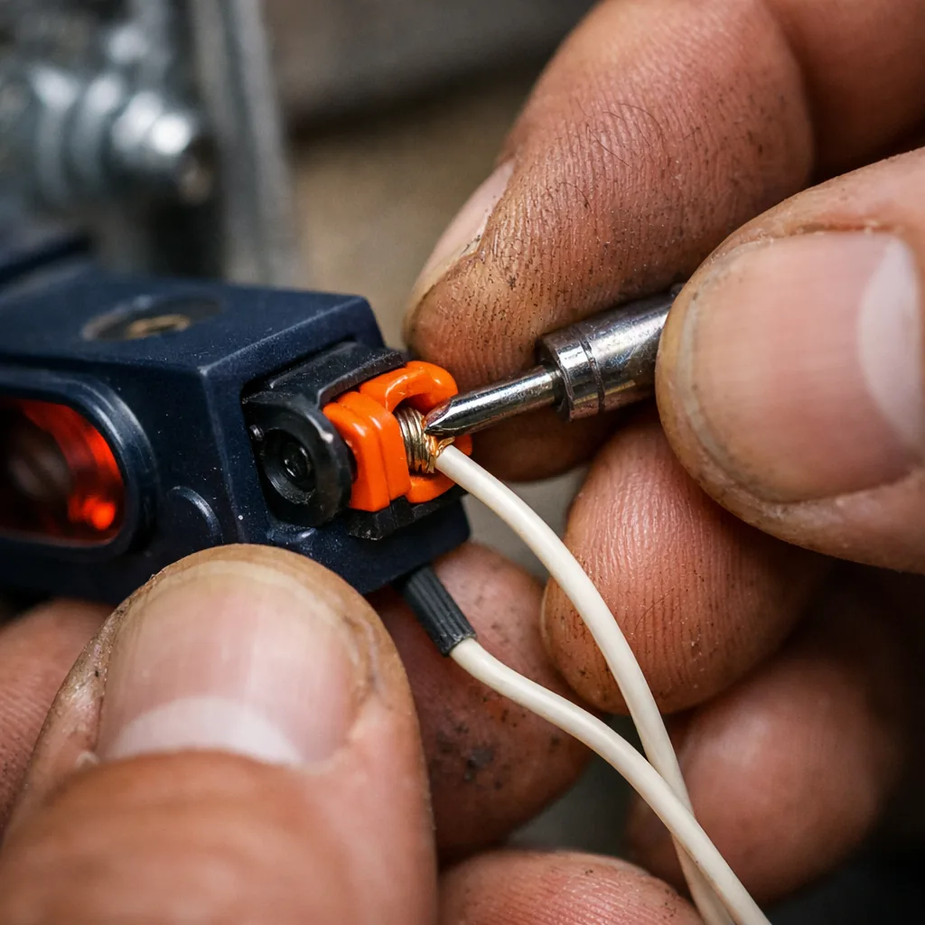 Close-up of a technician's hands connecting the low voltage wire to the terminal on a safety sensor