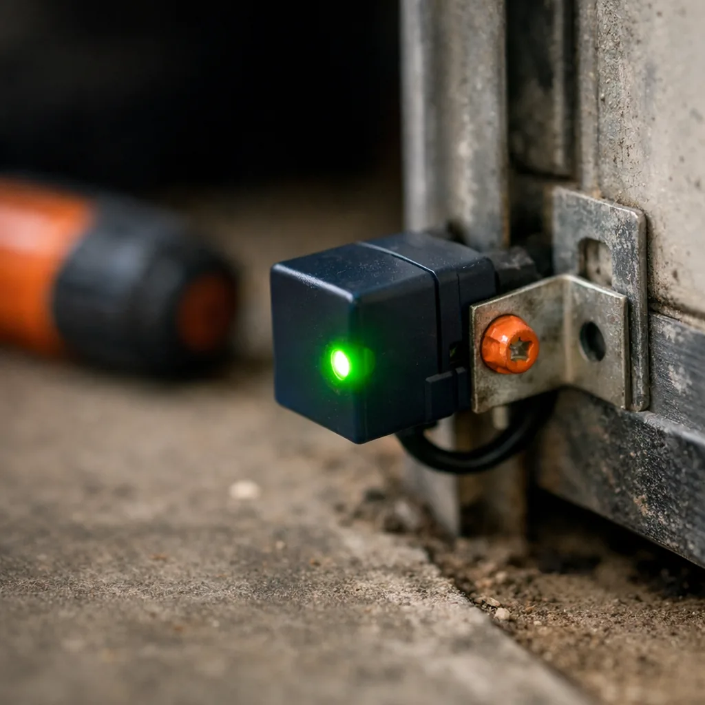 Close-up of a garage door safety sensor on its bracket with a steady green indicator light, mounted low beside the track