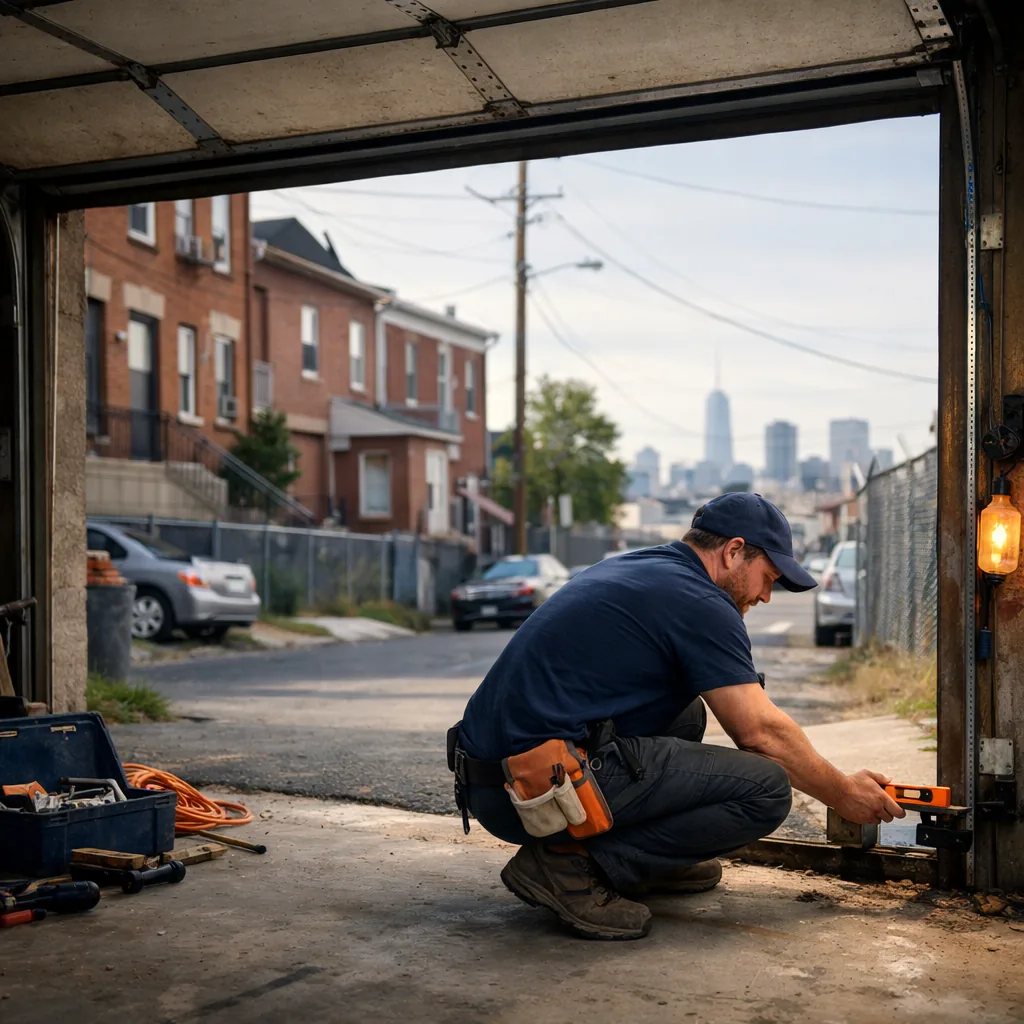 A technician in plain workwear crouched at the base of a garage door opening, aiming a small level at a safety sensor mounted a few inches above the floor