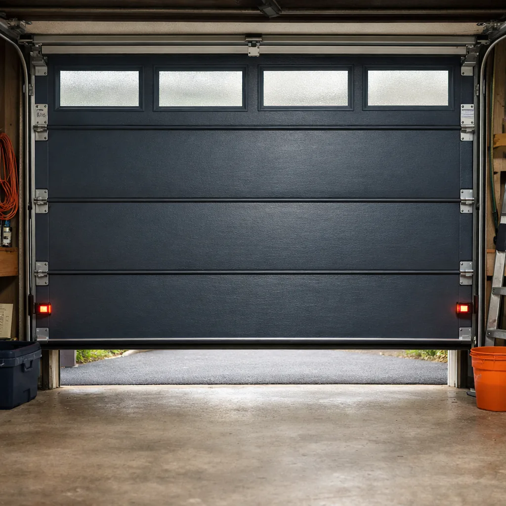 A residential garage door closing smoothly with both safety sensors visible on either side of the opening
