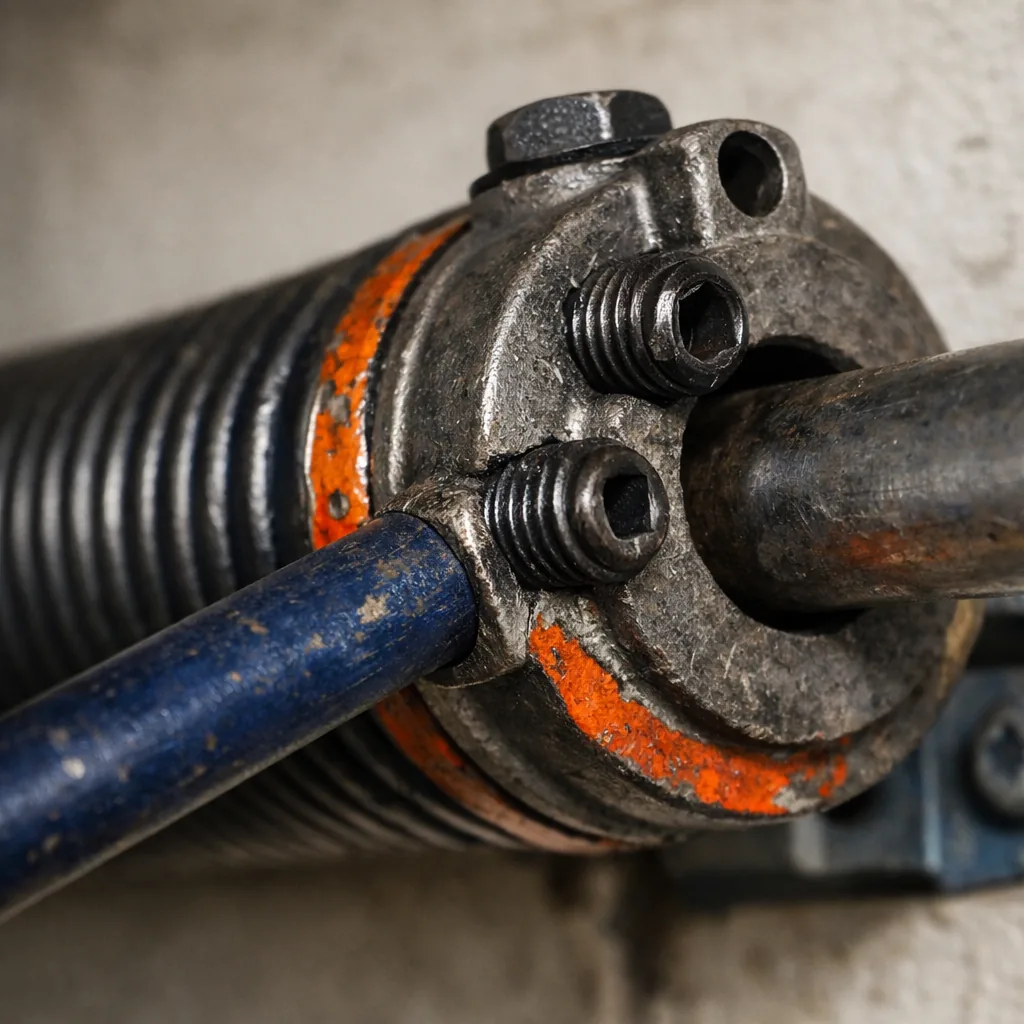 A close-up of the winding cone, winding bar and set screws on a torsion spring during adjustment