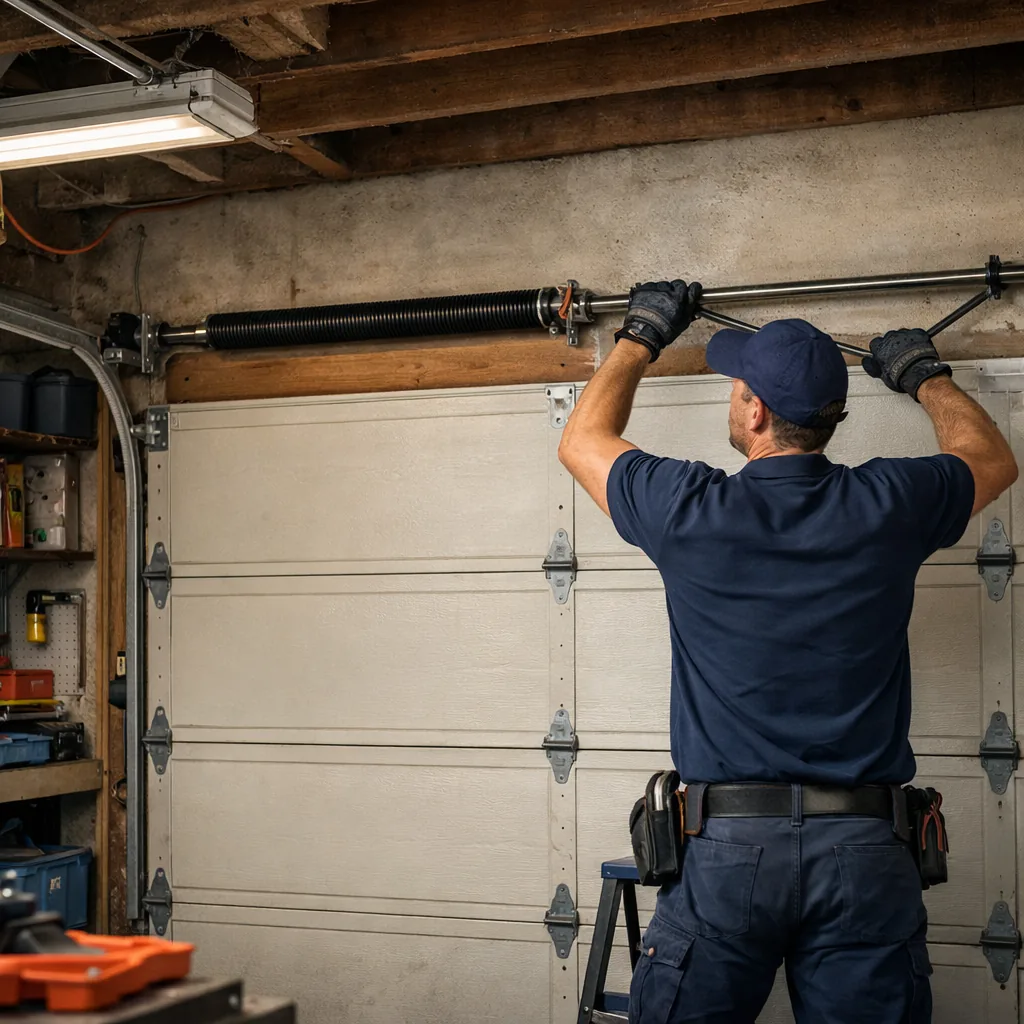 A technician in plain workwear winding a new torsion spring above a closed garage door with winding bars in a tidy garage