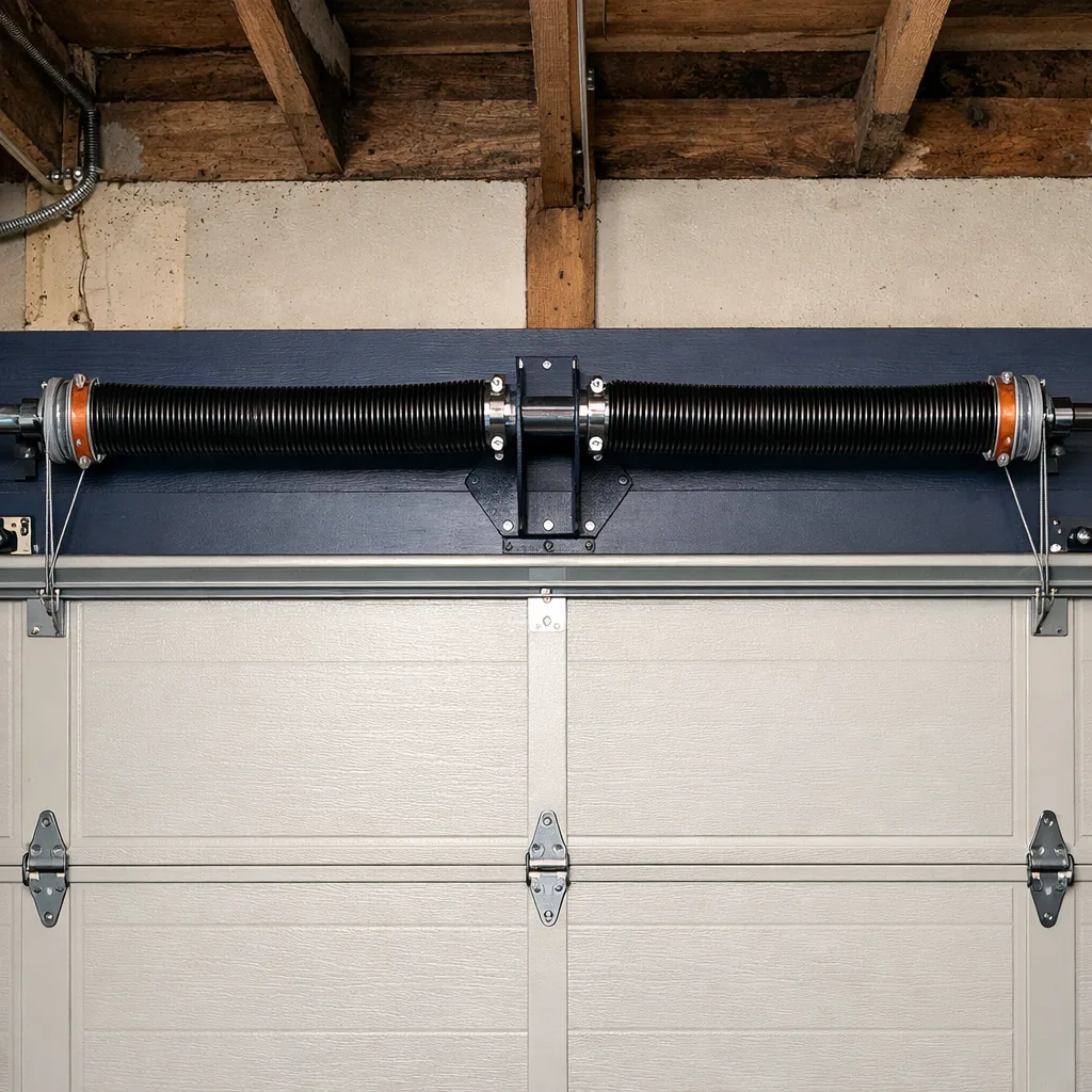 A fresh pair of torsion springs mounted on a clean shaft above a closed garage door, with the center bracket and cable drums visible
