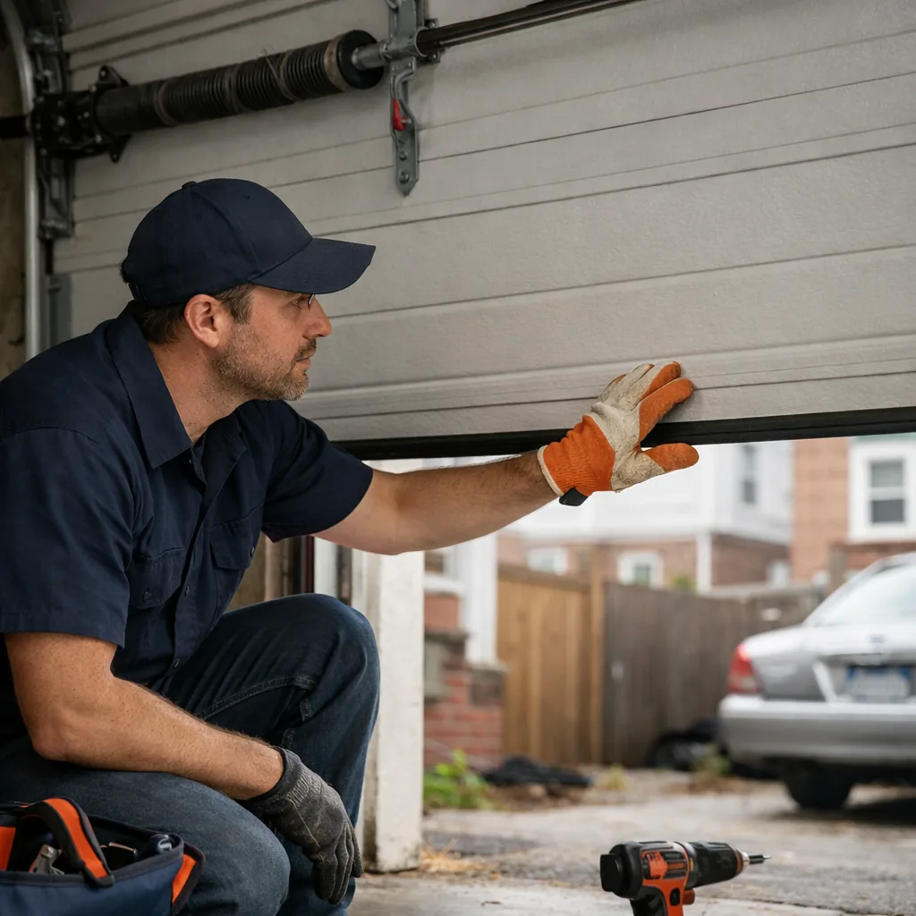 A technician lightly holding a garage door that stays steady halfway open with the opener disconnected, checking its balance