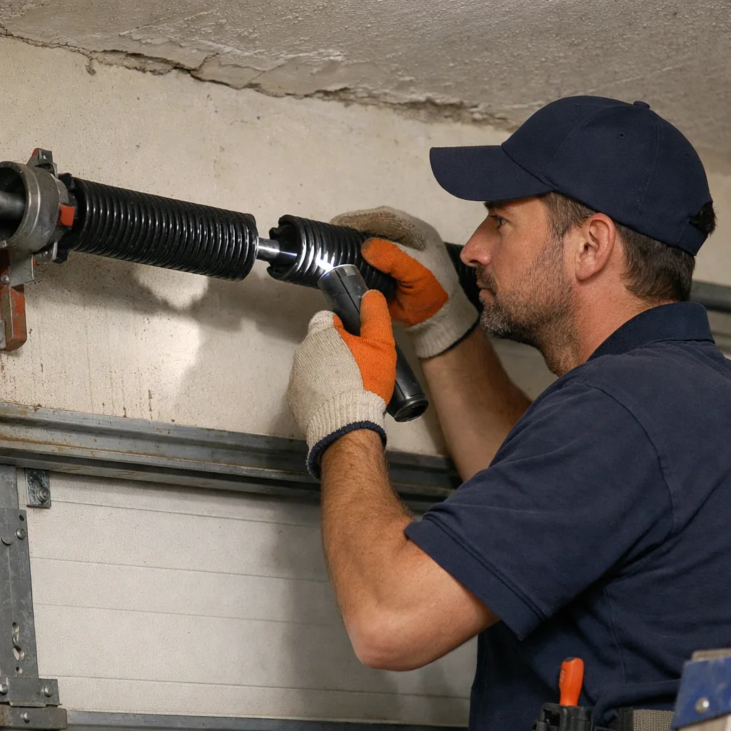 A technician in plain workwear inspecting a snapped torsion spring with a visible gap in the coil above a garage door