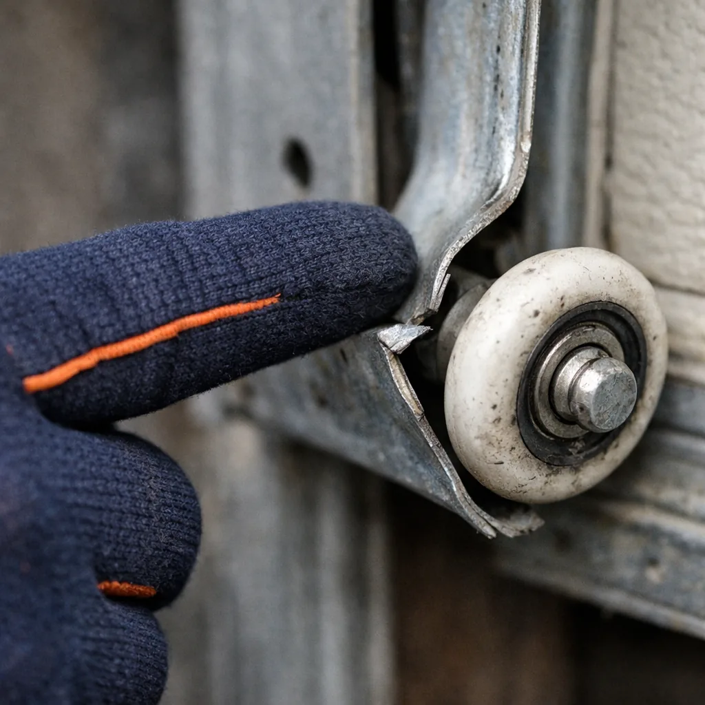 A close-up of a garage door roller that has popped out of its steel track, with the bent track edge visible and a gloved hand pointing at it