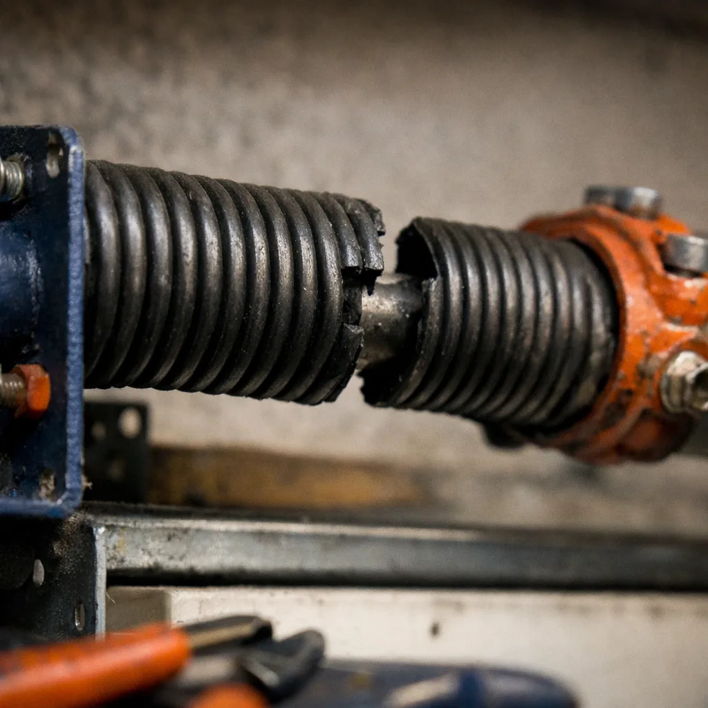 A close-up of a broken garage door torsion spring with a visible gap in the coil, mounted on the shaft above a door