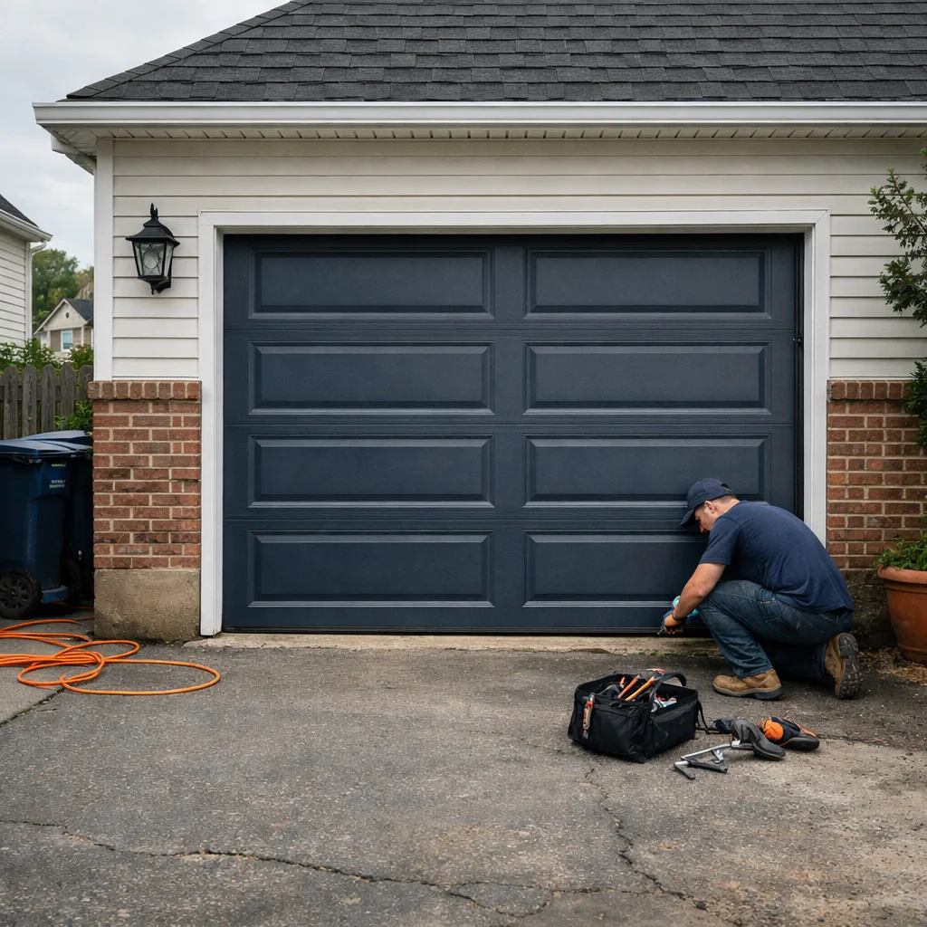 A closed residential garage door in a New Jersey driveway with a technician in plain workwear crouching at the bottom corner, inspecting the track and roller