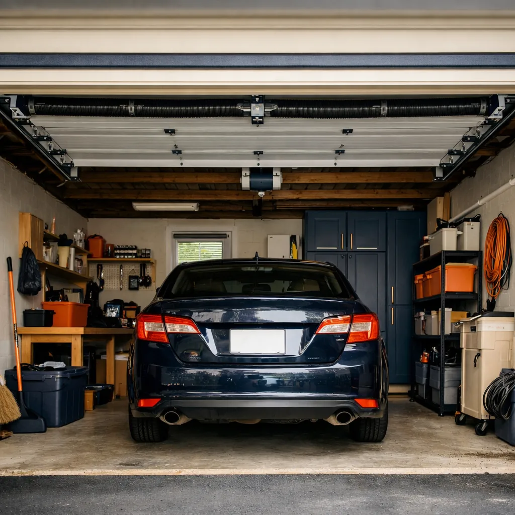A garage door fully raised and level above a tidy garage with a parked car, the springs and tracks neat and aligned