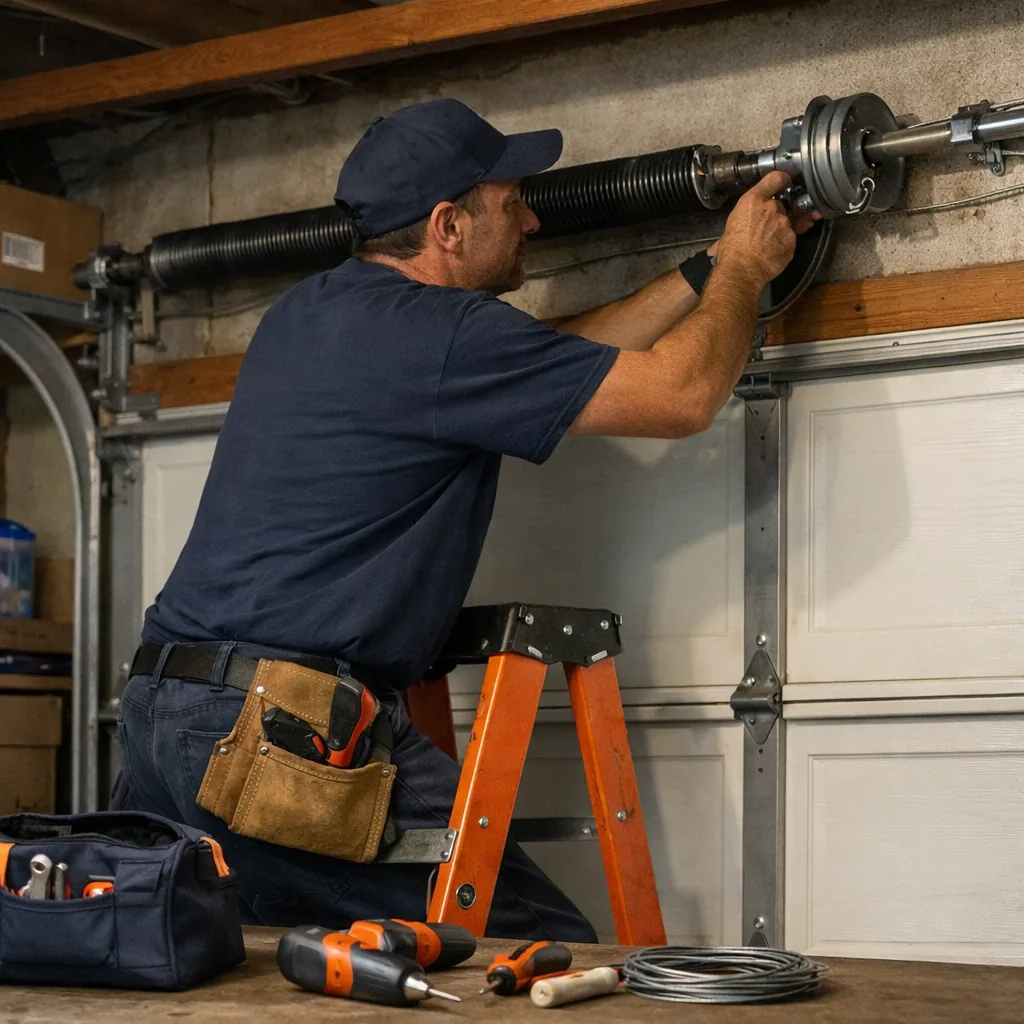 A technician in plain workwear on a stepladder examining the torsion spring and cable drum above a closed garage door, with tools laid on the floor